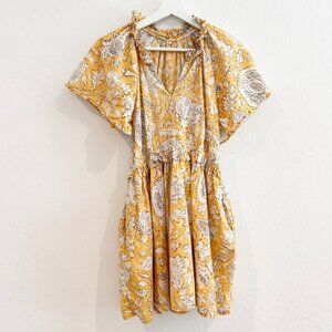 Floral 100% Cotton V-Neck Short Sleeve Ruffle Trim Flowy Mini Dress Boho Small